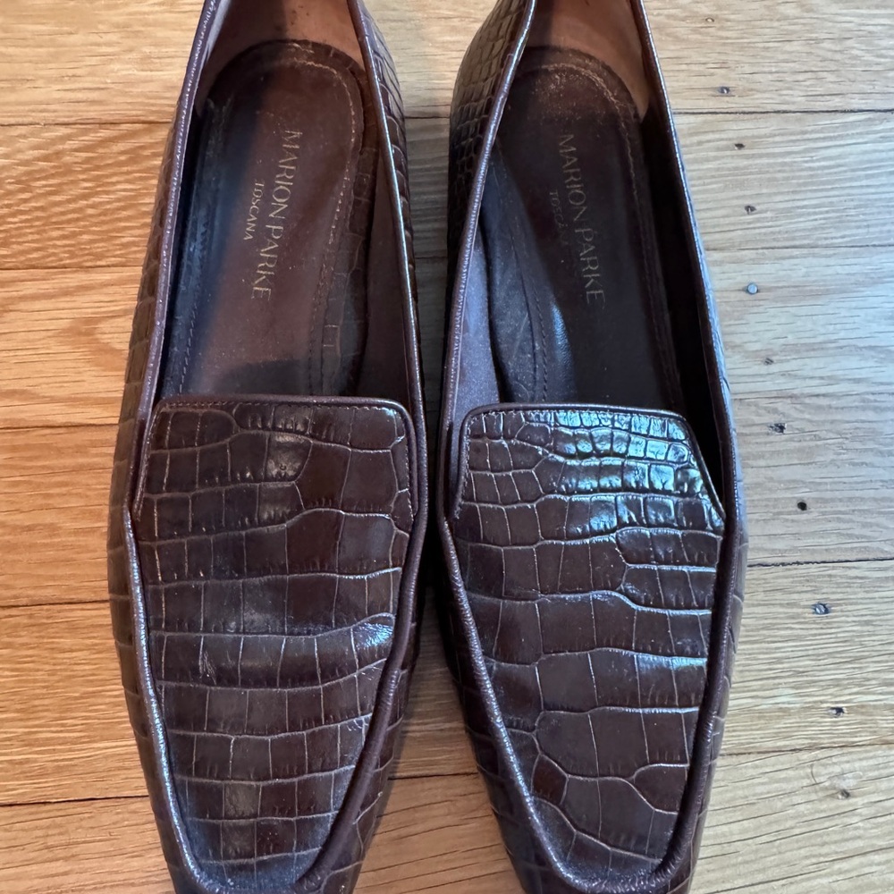 Marion Parke Brown Crocodile Embossed Loafers